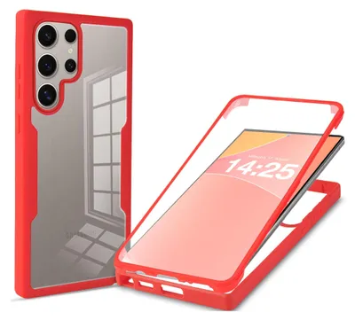 A red and clear phone case is shown, with one view of the back of a phone in the case and another view of the phone being inserted into the case.