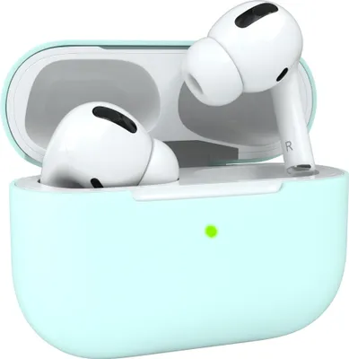 A pair of white wireless earbuds in a mint green charging case.
