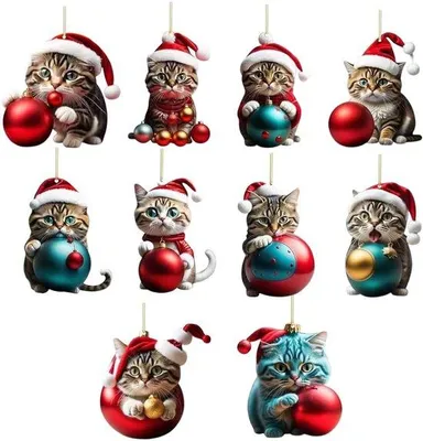Produktbild von Unyqoos® Set mit 10 Acryl-Katzenornamenten für Weihnachtsbaum und Innendekoration