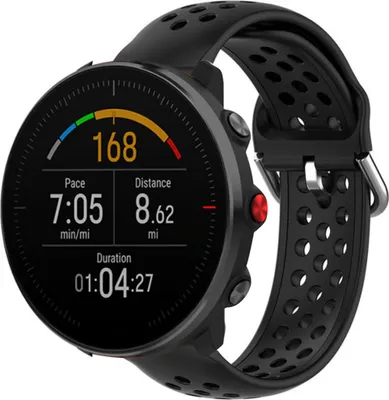 A black sports watch with a perforated strap is shown against a white background. The watch face displays activity metrics like pace, distance, and duration.
