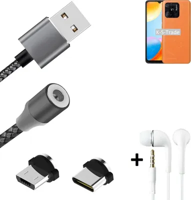 Produktbild von K-S-Trade® Hochwertiges Magnet-Lade-kabel Sync-Kabel Daten-Kabel + Kopfhörer kompatibel mit Xiaomi Redmi 10 Power mit USB-Typ-C-Anschluss und