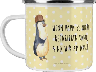 Produktbild von Mr. & Mrs. Panda Teetasse Wenn Papa es nicht reparieren kann, sind wir am Arsch - Gelb Pastell - Geschenk, Handwerker, Pott, blechbecher, Vatertag, Pinguin, emaillebecher