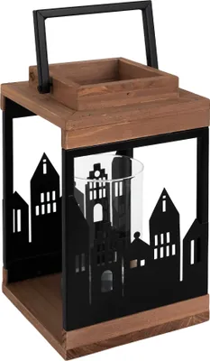 Zdjęcie produktu dla ECD Germany Latarnia ogrodowa ze świecznikiem i uchwytem, 14x22 cm, naturalna/czarna, wykonana z drewna, wzór miejski, dekoracyjna latarnia z wiatrem, drewniana latarnia ogrodowa z wiatrem, latarnia na świecę, dekoracja świąteczna