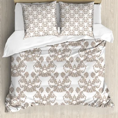 Immagine prodotto di ABAKUHAUS Set copripiumino color tortora, stile rococò con motivi floreali imperiali, piastrelle delicate in stile antico, 200 x 200 cm + 80 x 80 cm, tortora e bianco