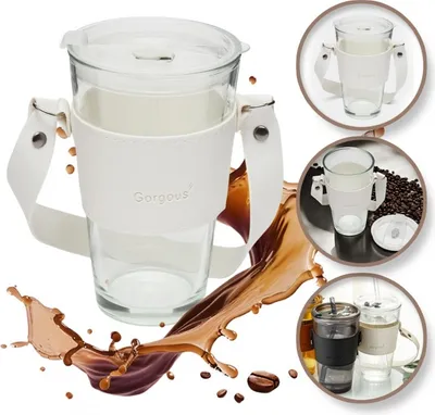 Produktbild von Kaffee- und Teebecher aus Glas mit Strohhalm und Deckel 450 ml Becher09b