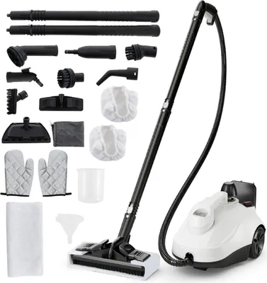 A steam cleaner and its accessories are displayed against a white background.