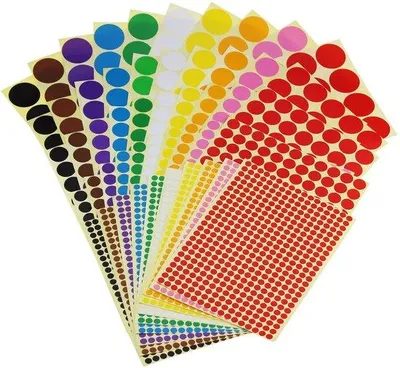Zdjęcie produktu dla Zestaw 50 naklejek samoprzylepnych, 10 kolorów, okrągłe, o średnicach 6/13/19/25/32 mm, uniwersalne