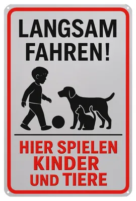 Produktbild von Blechschild 20x30cm Langsam fahren hier spielen Kinder und Tiere Metallschild Hinweisschild Grundstück Straße Einfahrt AstraDesign