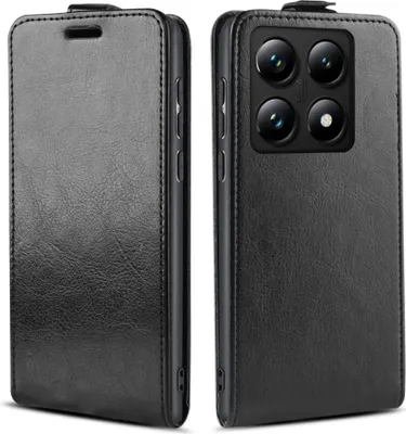 A black flip case for a smartphone is shown from two angles.