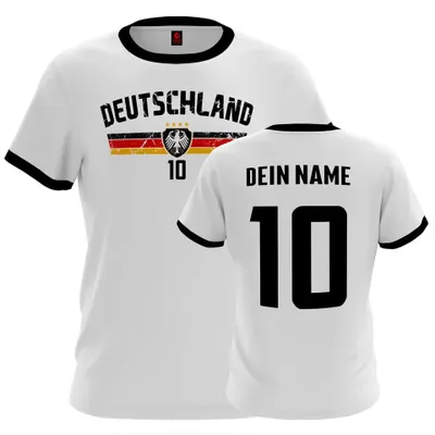 Produktbild von Deutschland Trikot T-Shirt personalisiert mit Name & Nummer – Fußball Shirt im Trikot Style Herren Damen EM WM Größe: XL - Weiß