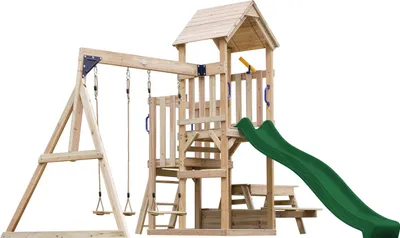 Produktbild von AXI Mette Spielturm aus Holz mit 2 Schaukeln | XXL Spielhaus / Spielplatz für Kinder mit Picknicktisch, Sandkasten & Rutsche in Grün | Schaukelgerüst