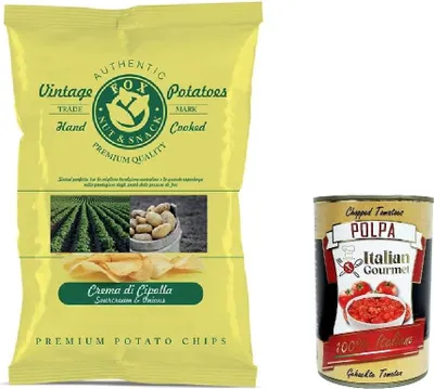 Produktbild von 10x FOX Natural Quality Vintage Potatoes Zwiebelcreme, onion cream, Premium italienische handgefertigte Kartoffel crisps chips 120g + Italian Gourmet polpa 400g