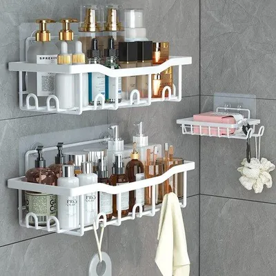 Immagine prodotto di Portasapone da doccia senza foratura, set da 3 pezzi, in acciaio inossidabile, bianco, portasapone per shampoo e bagnoschiuma.