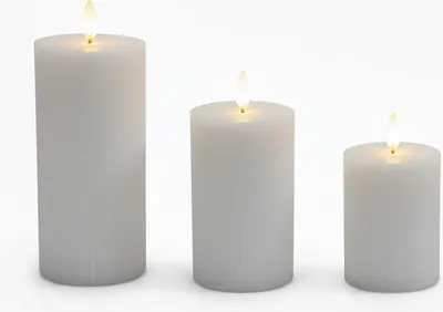 Zdjęcie produktu dla Świece LED Relaxdays, zestaw 3 sztuk, 3 rozmiary, migoczący płomień, prawdziwy wosk, z rowkami, świece elektryczne bez płomienia, jasnoszare