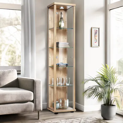 Produktbild von K-Möbel Glasvitrine stehend in Buche (176x37x33 cm) mit 4 höhenverstellbaren Glasböden & LED -- Standvitrine - Vitrinenschrank - Sammlervitrine