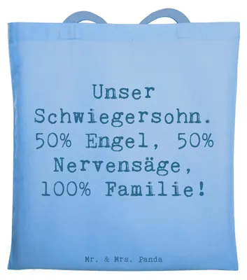 Produktbild von Mr. & Mrs. Panda Tote Bag Spruch Schwiegersohn Engel Nervensäge - Sky Blue - Geschenk, Shopping Tasche, Freude, herzerwärmende Sprüche, Schwiegereltern, Schultasche