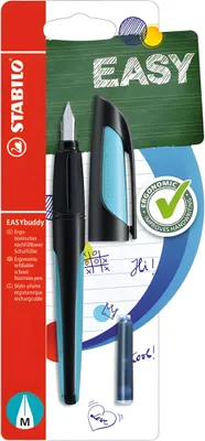Obrázok produktu pre Školské plniace pero so štandardnou špičkou M - STABILO EASYbuddy v čiernej/nebesky modrej farbe - farba písania modrá (vymazateľná) - jedno pero - náplň je súčasťou balenia