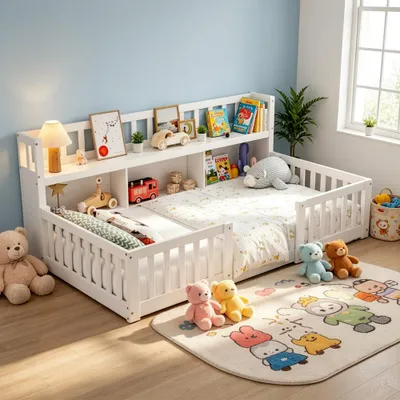 Produktbild von Bodenbett Kinderbett 90x200 cm mit Bücherregal, Montessori Bett mit Rausfallschutz und Lattenrost, Einzelbett Stauraumbett, Massivholz Weiß