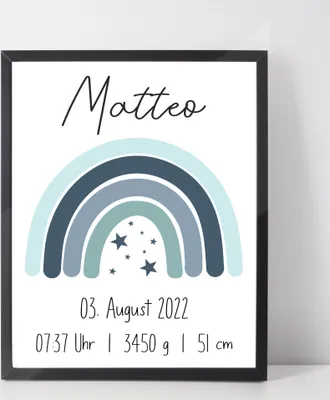 Produktbild von Blauer Regenbogen Geburtsposter Personalisiert Name Uhrzeit Größe Gewicht | Kinderzimmer Babygeschenk | Geburt Baby Poster – A4 (21x29.7cm) / schwarzer Bilderahmen
