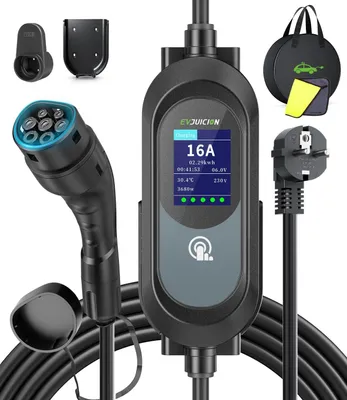 Produktbild von Ladekabel für Elektroautos, Typ 2, Schuko, 6 Meter, 3,6 kW, 8/10/13/16 A, programmierbares Typ 2 Ladekabel mit digitalem Display und Wandhalterung, tragbar