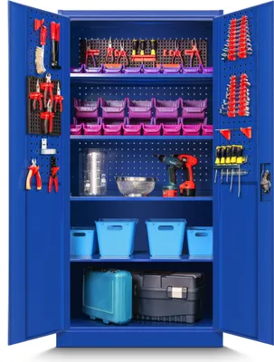 A blue metal tool cabinet with its doors open, displaying various tools and storage bins organized on shelves.