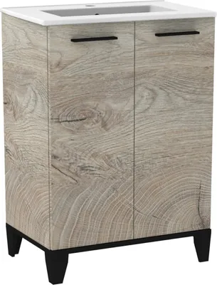 A standalone bathroom vanity with a wood grain finish and black legs.