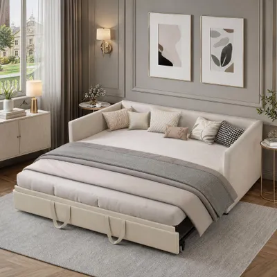 Immagine prodotto di Divano letto INONEFT, 90/180 x 200 cm, struttura imbottita, adatto per adulti, divano letto, letto matrimoniale con rete a molle estraibile, rivestito in velluto, colore beige, senza materasso