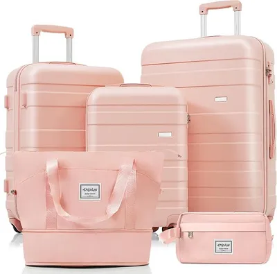 Imagen del producto de Conjunto de maletas rígidas de 3 piezas con neceser – Equipaje de viaje ligero con ruedas giratorias de 360° y cerradura numérica, tamaños M, L y XL (rosa)