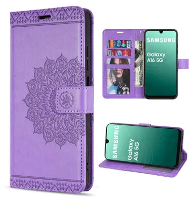 A collage of images showing a purple flip phone case with a mandala design, a phone inside the case, and a close-up of the case's card slots.