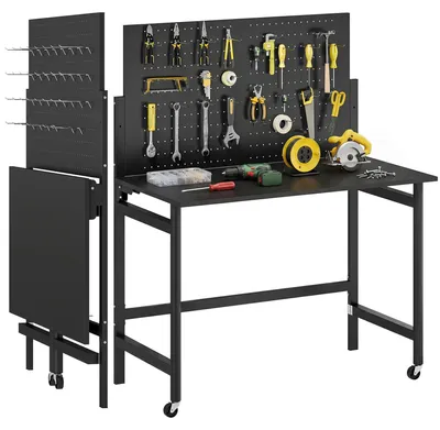 Produktbild von Klappbare Werkbank - Arbeitstisch mit Lochwand Werkzeugwand - Rollen - Haken - 115x62x143,5 cm - Schwarz