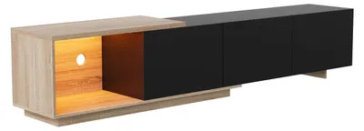 Zdjęcie produktu dla Nowoczesna szafka RTV - komoda pod telewizor 240 cm - 3 szuflady - wysoki połysk - półka szklana - wygląd drewna - skandynawski design - kolor czarny