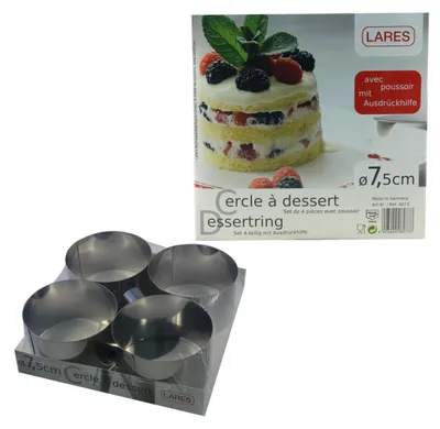 Produktbild von LARES Tortenringe/Dessertringe - 4er Set - inkl. Ausdrückelement - ca. 7,5cm - Edelstahl - spülmaschinenfest