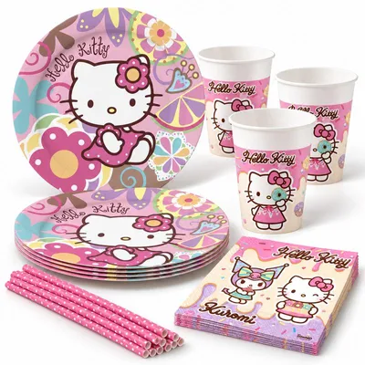 Produktbild von Hello Kitty Partyset Kindergeburtstag Einweggeschirr Teller Becher Servietten Geburtstag Deko
