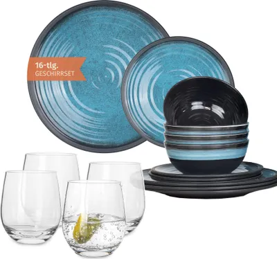 Produktbild von Melamin Camping Geschirr Set 4 Personen Stone Blue + 4 Tiamo Gläser Wassergläser Tafelgeschirr Picknick BBQ Kochgeschirr