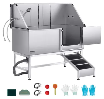 Image de Station de lavage pour chiens VEVOR en acier inoxydable, 1500x700x1495 mm Bac de soins pour animaux avec rampe, plaque de filtration d'eau en PE, robinet, pommeau de douche & porte-savon, pour grands, moyens & petits animaux domestiques (porte droite)