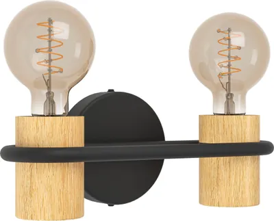 Produktbild von EGLO Wandlampe Chieveley, 2-flammige Wandleuchte, Schlafzimmerlampe aus Metall in Schwarz und Holz in Natur, E27 Fassung