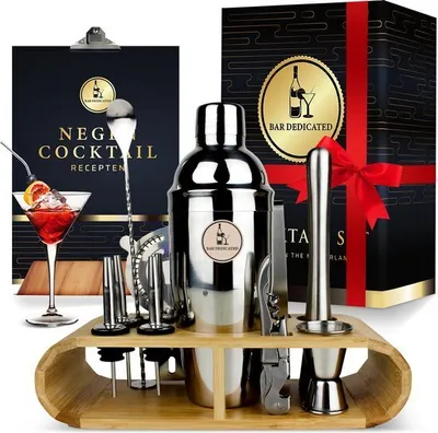 Produktbild von Bar Dedicated - 16-teiliges Cocktail-Set - Cocktailshaker mit Bambusständer - Mit englischem Rezeptbuch  (750 ml)