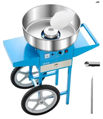 Obrázok produktu pre VEVOR elektrický stroj na výrobu cukrovej vaty Komerčný stroj na výrobu cukrovej vaty s vozíkom (1000 W) s 52 cm miskou z nehrdzavejúcej ocele, naberačkou na cukor a zásuvkou, ideálny na detské narodeninové oslavy Rodinné oslavy Modrá