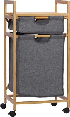 Image de Panier à linge - Trieur à linge à 2 compartiments - Bambou et lin - 2 sacs en tissu amovibles - 42 x 35 x 84,5 cm - Bois naturel et gris