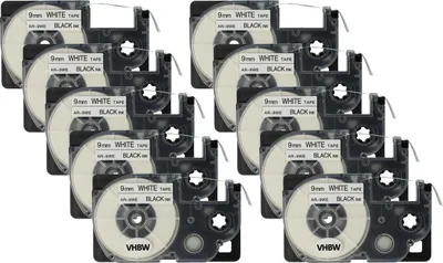 Produktbild von vhbw 10x Schriftband-Kassette kompatibel mit Casio KL-200, KL-130, KL-100E, KL-120, KL-1500, CW-L300 Etiketten-Drucker 8m x 9mm Schwarz auf Weiß