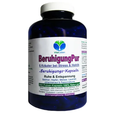 Produktbild von BERUHIGUNG Pur 6 beruhigende Kräuter 360 Kapseln Baldrian Hopfen Melisse Lavendel Johanniskraut Passionsblume - Ruhe & Entspannung NATUR pur