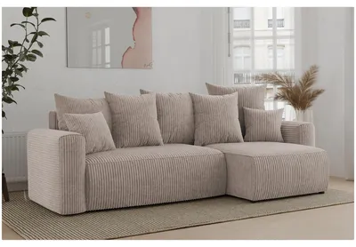Produktbild von MEBLINI Schlafcouch mit Bettkasten - 238x142x73cm - Beige Cordstoff - DAVE - Kleines Ecksofa mit Schlaffunktion - Sofa mit Relaxfunktion und Kissen - Kleine Couch L-Form - Eckcouch