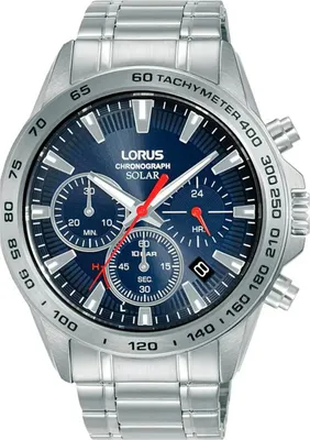 A close-up studio shot of a men's chronograph watch with a blue dial and silver metal band.