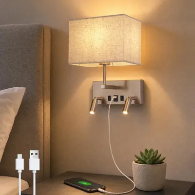 Produktbild von ZMH Wandleuchte innen mit Schalter Moderne Wandlampe E27 Stoffschirm Ladefunktion zwei 360° drehbaren LED Leselampe als Bettlampe für Schlafzimmer