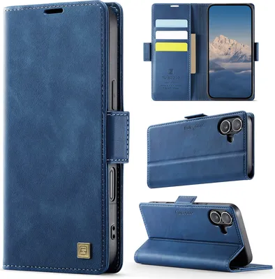 Image de Étui en cuir pour iPhone 16, protection RFID, fermeture magnétique, fentes pour cartes et support Bleu
