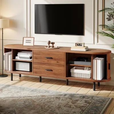 Produktbild von MODFU TV Schrank mit 2 Schubladen,TV Lowboard mit horizontalen Schiebetüren und vertikaler Rillenoptik, Fernsehtisch mit Stauraum und schwarzen Metallfüßen,Walnuss160x40x55cm