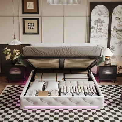 Image de UnboxG Lit rembourré avec LED 140x200cm, Boxspring hydraulique avec sommier à lattes et tête de lit, lit double de rangement, velours, beige