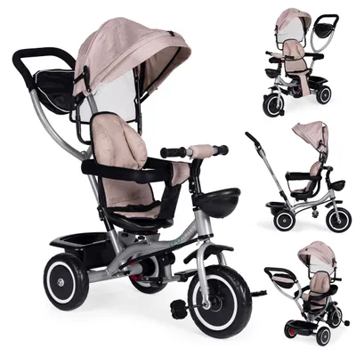 Produktbild von Dreirädriges Laufrad/Kinderwagen 2-in-1, schwenkbarer Sitz, zusammenklappbares Verdeck, beige, ECOTOYS