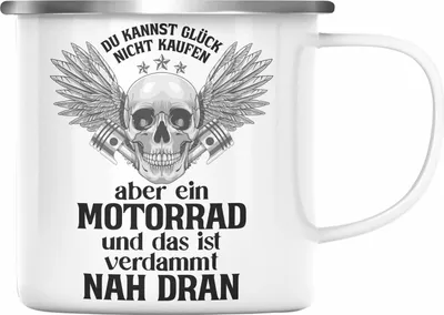 Produktbild von Trendation - Motorradfahrer Geschenk für Männer Motorrad Emaille Tasse Spruch Emaille Emaille Tasse für Biker Herren (Silber)