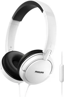 A white Philips headphone with black earcups and headband, shown against a white background.
